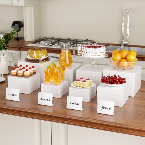 Metal Buffet Risers,4PCS Food Risers for Buffet Table 5in to 8in Display Stand with Mini Acrylic Signs for Catering Dessert Collectibles Jewelry Figures Show Grayish White Cube Boxes Nesting Risers with Hollow Bottoms - color: Grayish White, size: Regular