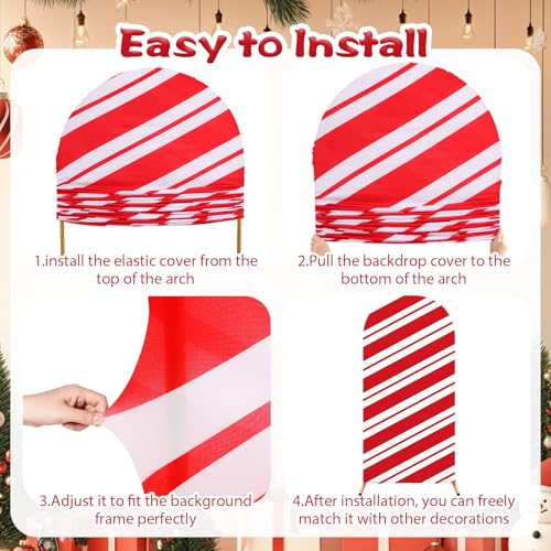 Tingjoo Set of 3 Christmas Party Arch Backdrop Cover Christmas Photo Background Checkered Red Stripe Background Spandex Arch Stand Cover for Xmas Party Birthday Decoration