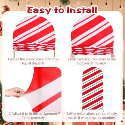 Tingjoo Set of 3 Christmas Party Arch Backdrop Cover Christmas Photo Background Checkered Red Stripe Background Spandex Arch Stand Cover for Xmas Party Birthday Decoration