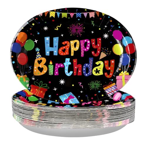 50 Pcs Happy Birthday Oval Paper Plates 10"x12" Large Colorful Black Birthday Plates Disposable Heavy Duty Birthday Theme Party Plates Happy Birthday Party Supplies for Boys Girls Birthday Party Decor - style: Black Birthday Oval Plates