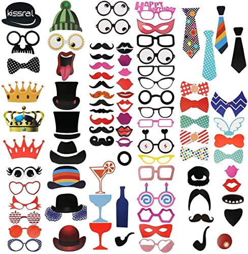 Funny Selfie Props, 89 Pieces with Sticks - Costume Dress Up Accessories for Southwestern, Carnival, Wedding, Birthday Parties