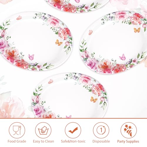 Grencian 50Pcs Floral Oval Paper Plates 10" x 12" Disposable Pink Rose Floral Party Plates Spring Pink Flower Dinnerware for Wedding Tea Party Birthday Bridal Baby Shower Mother's Day Decorations - style: 50Pcs Pink Oval Floral Kit