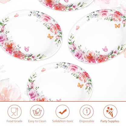 Grencian 50Pcs Floral Oval Paper Plates 10" x 12" Disposable Pink Rose Floral Party Plates Spring Pink Flower Dinnerware for Wedding Tea Party Birthday Bridal Baby Shower Mother's Day Decorations - style: 50Pcs Pink Oval Floral Kit