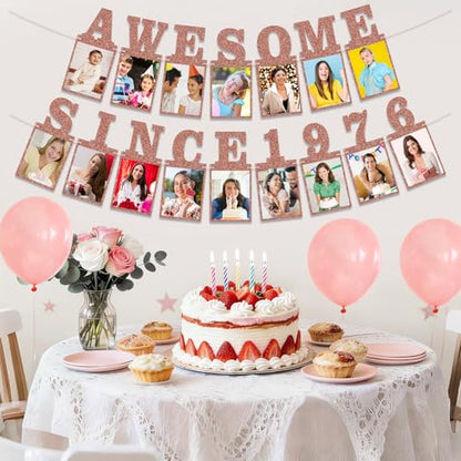 Pre-strung Awesome Since 1976 Photo Banner Birthday Decorations for Women- Pink Rose Gold Glitter 50th Birthday and Anniversary Decorations Party Supplies - style: Pink Rose Gold 50th