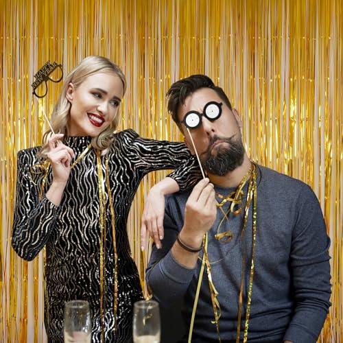 Gold Tinsel Backdrop Curtains, Melsan 3.2 x 8 ft Gold Foil Fringe Curtain Streamers for Birthday, Anniversary, Graduation & Photo Booth, Pack of 2 - color: Gold, size: 3.2 x 8 ft