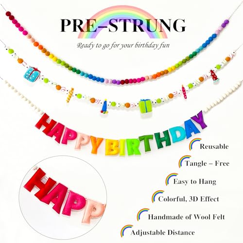 3Pcs Pre-Strung Happy Birthday Banner with Wool Balls, Rainbow Party Decorations, Reusable Happy Birthday Felt Ball Garland, Personalized Holiday Sign for Birthday Party Decor, Home Classroom Decor, Photo Prop (Birthday Banner + Felt Garland + Rainbow Bal