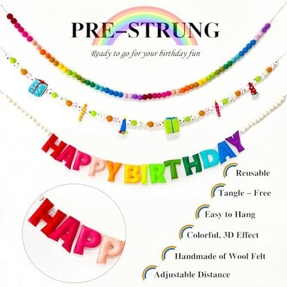 3Pcs Pre-Strung Happy Birthday Banner with Wool Balls, Rainbow Party Decorations, Reusable Happy Birthday Felt Ball Garland, Personalized Holiday Sign for Birthday Party Decor, Home Classroom Decor, Photo Prop (Birthday Banner + Felt Garland + Rainbow Bal