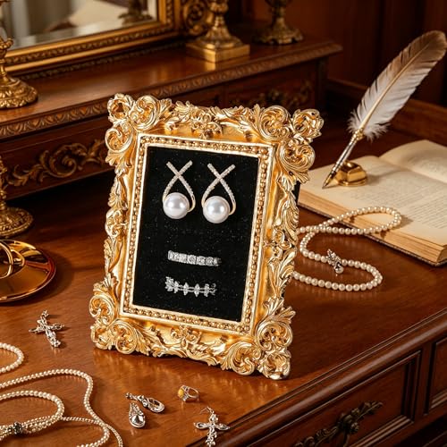 Vintage Ring Holder Rectangle Gold Velvet Display Stand - Baroque Jewelry Organizer Box Tray for Wedding Engagement Anniversary Women Birthday Christmas Gift Photograph Prop (MPF05-Gold Black) - color: MPF05-Gold Black
