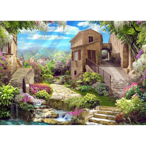 Italy Backdrop Europe Ancient Old City Italy Photography Background Tuscany Spring Garden Old Houses Blossoming Flowers Backdrop Decors Mountain Village Waterfalls Scenery for Travel Props 5x4ft - color: Brown_Green, size: 5x4ft