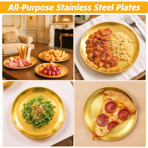 20Pcs 6.5 Inch Gold Stainless Steel Dinner Plates, Round Dessert Serving Trays Gold Dessert Plates for BBQ Salad Snack Camping Dishwasher Safe