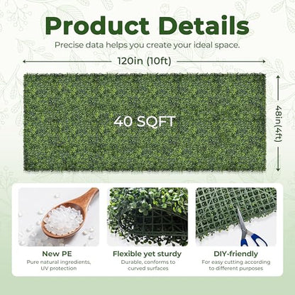 Artificial Boxwood Backdrop Roll: 48"x120" (40 sqft) UV-Anti Greenery Faux Grass Hedge for Indoor Outdoor Green Wall Decor, Patio Privacy Screen, Garden Fence Covering - size: 48"X120"