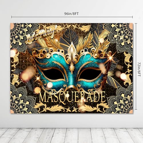 Masquerade Backdrop, Mardi Gras Luxury Glitter Gold Retro Backdrops for Ball Dance Mask Birthday Party Photography Decorations Supplies Favors Banner Photo Booth Props, 8 x 6 ft - size: 8x6ft
