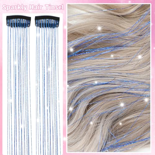 Hair Tinsel Clip in 12 Pcs Glitter Tinsel Hair Extensions 20 Inch Fairy Hair Clip in Hair Tinsel Heat Resistant Sparkly Hair Accessories for Girls Women Kids (Blue) - color: Blue