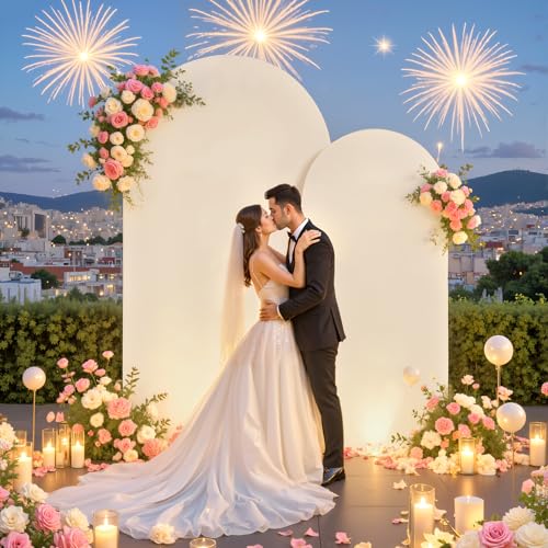 White and Beige Arch Backdrop Cover for Wedding, 7.2FT 6FT Set of 2 Stretchy Spandex Fitted Arch Stand Cover for Baby Shower, Birthday Party Decor, Chiara Backdrop Cover with Double-Sided Design - color: White+Beige
