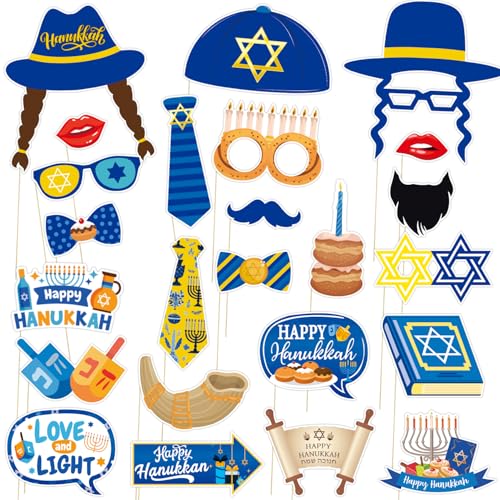 Hanukkah Photo Booth Props Party Supplies - Funny Jewish Chanukkah Party Favors Decorations - Jewish Holiday Cardstock Photo Props with Assembly Sticks - Set of 24 Counts