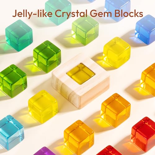 Woodtoe Wooden Rainbow Building Blocks Set for Toddlers, 22 PCS Wooden Blocks & 25 PCS Gem Cubes Stacking Blocks, Montessori Stacking Toys, Educational STEM Birthday Toys Gifts for Kid Boy Girl 3-6 - style: Rainbow Building Blocks Set