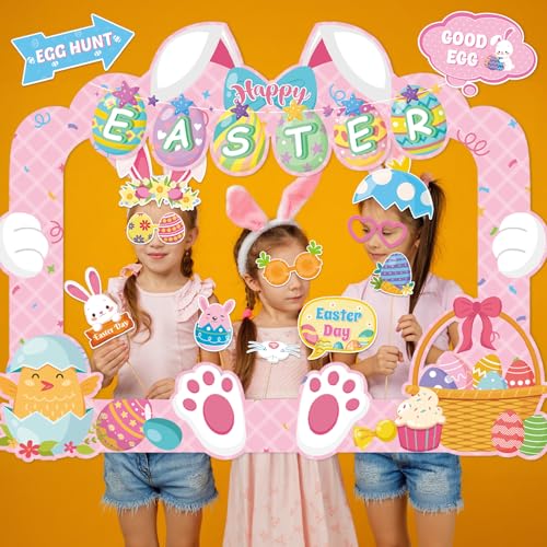 HOWAF Easter Photo Booth Props, 25pcs Happy Easter Party Decorations Photoshoot Props with Photo Frame, Egg Bunny Selfie Props for Spring Easter Photography