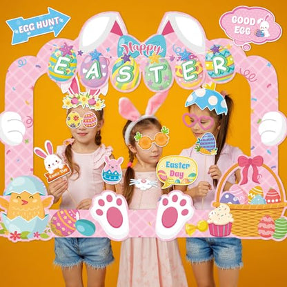 HOWAF Easter Photo Booth Props, 25pcs Happy Easter Party Decorations Photoshoot Props with Photo Frame, Egg Bunny Selfie Props for Spring Easter Photography
