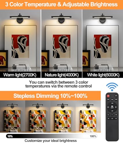 Tassuowell Rechargeable Picture Light for Wall, Cordless Art Lights Battery Operated, Dimmable Wall Light with Remote & Timer, 3 Color Modes for Paintings, Gallery, Artwork(Black, 12inch) - color: Black, size: 12inch