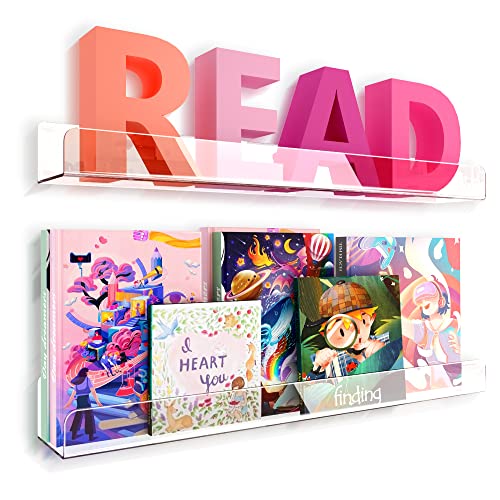 24 inches Wall Mounted Kids Bookshelf, Clear Acrylic Display Book Shelves for Kids Room Nursery Toddler Classroom 2 Packs - color: 24in-clear