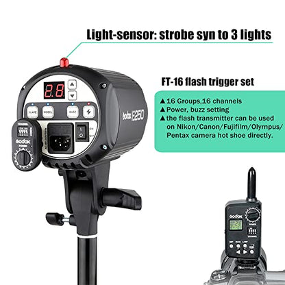 Godox 750W Professional Studio Strobe Flash Light Kit, 3-Light Godox Strobe Lighting Kit for Photography, 3x250W 5600K Monolights with Strobe Trigger, Softbox, Light Stands, Boom Arm