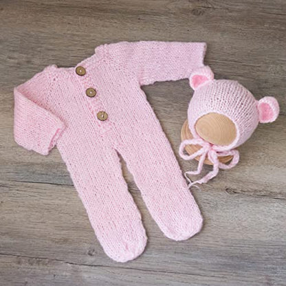 Zeroest Newborn Boy Photoshoot Outfits and Props Bear Bonnet with Footed Romper Infant Baby Photography Crochet Knitted Set - color: Pink