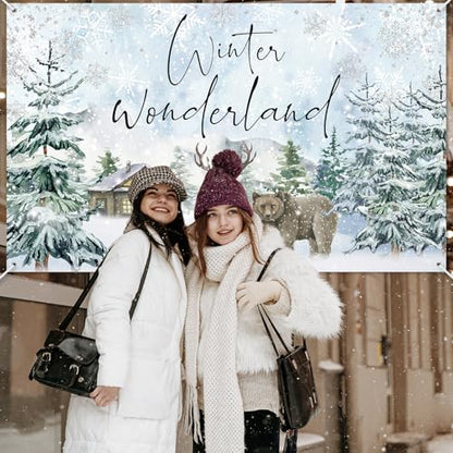 Mocsicka Winter Wonderland Backdrop Banner Woodland Animals Winter Wonderland Baby Shower Birthday Holiday Party Decorations Photo Booth Props (6x3.6ft) - size: 6x3.6ft