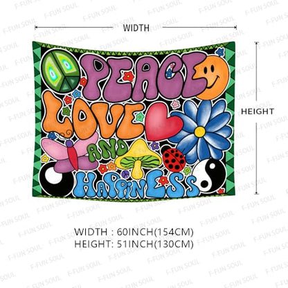 F-FUN SOUL Groovy Tapestry Peace Love and Happines Tapestries, 60x51inches, 70s Theme Tapestries Hippie Aesthetic Tapestry Wall Hanging for Bedroom Living Room Decor - size: 60"L x 51"W