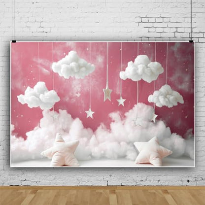 Yeele 9x6ft Girl Baby Shower Backdrop Starry Star Pillow White Clouds Pink Sky Photography Background for 1st 2nd Girl Birthday Party Baby Shower Party Newborn Portrait Photo Shoot Prop Decor - size: 9x6ft
