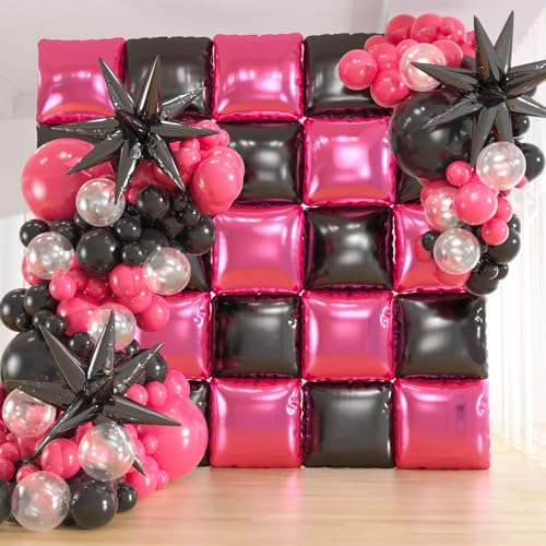25pcs Black Pink Foil Square Balloon Wall With 139pcs Hot Pink Black Clear Balloon Arch Kit, Double Sided Balloon Tunnel for Birthday Anniversary Bridal Shower Party Decoration - color: Black Hot Pink