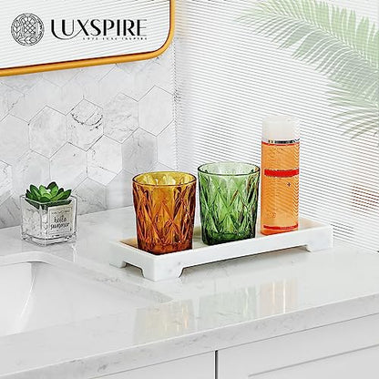 Luxspire Bathroom Vanity Tray, Resin Toilet Tank Tray, Kitchen Trays, 11" x 4" Rectangle Bathroom Tray for Counter, Marble Tray for Soap Dispenser Perfume Jewelry, Small, White Marble - color: B - White Marble, style: Small