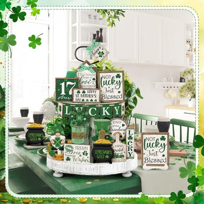 Yuntau 24 Pcs St Patrick's Day Tiered Tray Decor St Patty's Day Decorations Shamrock Irish Lucky Wooden Signs St. Patrick's Day Table Home Kitchen Bar Decoration - style: Retro