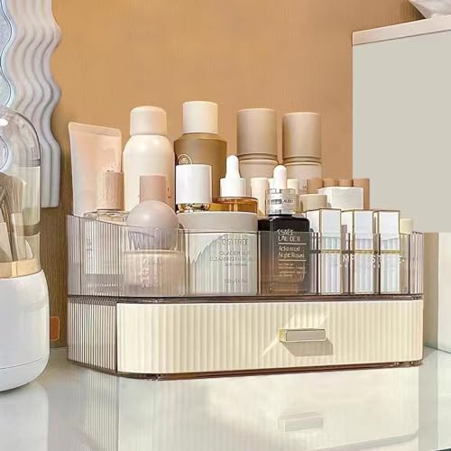 Makeup Organizer with Stackable Drawers, Bathroom Vanity Organizers and Storage, Ideal for Desk and Dresser Countertops, Great for Cosmetics, Skincare, Lipsticks, Nail Care - Cream - color: Cream, size: Tray and Drawer