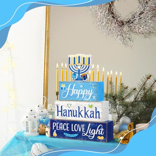 Moucuny 4 Pcs Hanukkah Decorations for Home Chanukah Table Decor Wooden Menorah Decoration Hanukkah Centerpiece Rustic Decorative Menorah Block Signs Gift Farmhouse Jewish New Year Decoration for Home - style: Candle