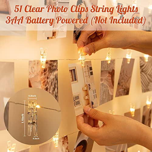 LUSHARBOR Photo Clips String Light, Fairy Lights with 51 Clear Clips, Battery Operated String Lights with Clips for Pictures, Room Decorations for Dorm Wall Bedroom - color: Clear Clips, size: 17FT