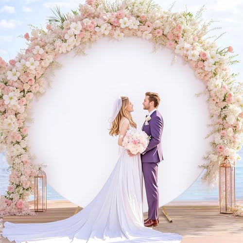 7.2 FT White Round Backdrop Cover, Double-Sided Circle Fabric Photo Background with Zipper for Photography Party Birthday Wedding Baby Shower Home Decorations (Elastic) - size: 7.2FT