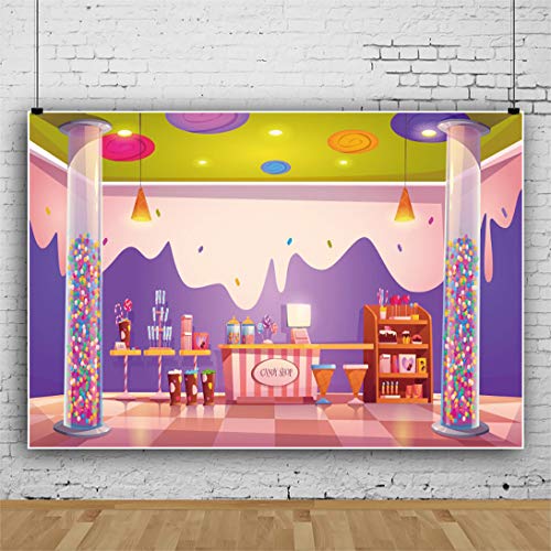 Haoyiyi 10x8ft Candy Shop Backdrop Sweet Pink Purple Ice Cream Cartoon Lollipop Chocolate Cake Donut Shop Photography Background Baby Shower Girls Princess 1st Birthday Party Banner Photo Booth Props