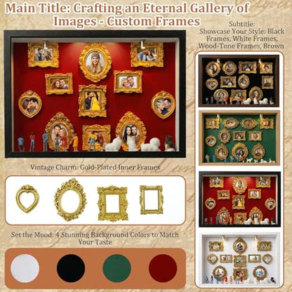 All-in-One DIY Shadow Box Kit,Mini Gold Frames with Museum of Figurines | LED-Illuminated Silhouette Box Memory Collage | Anniversary/Wedding Eco-Friendly Decor Gift (F Style)