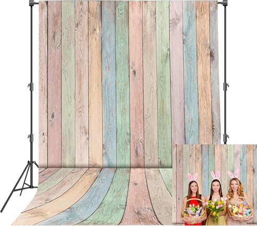 Colorful Wood Backdrop 5x7FT Easter Pastel Rustic Wooden Photography Background Easter Baby Shower Birthday Party Decorations Portrait Photoshoot Studio Props - size: 5x7FT
