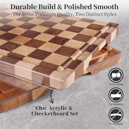 Checkered Cutting Board and Acrylic Cutting Board Set, 2 PCS Cutting Boards for Kitchen, Checkerboard Solid Wood End Grain Chopping Board with Juice Groove & Acrylic Cooking Board with Counter Lip - style: Acrylic board +Checkerboard
