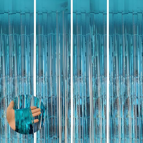 Valentines Day 4 Pack 3.3 * 8.3 ft Foil Curtain Metallic Tinsel Fringe Curtains Photo Booth Props Backdrop for Birthday Wedding Engagement Baby Shower Christmas Holiday Celebration Partyl,Light Blue - color: Light Blue, size: 4 Pack