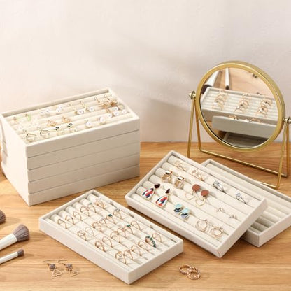 Highergo 8 Pcs Velvet Jewelry Trays Stackable Drawers Organizer Ring Earring Bracelet Necklace Storage Trays, 8.3x4.7x1''(7 Long Slots) - style: 7 Long Slots