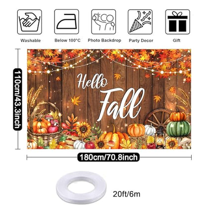 Mocsicka Hello Fall Backdrop Banner Fall Thanksgiving Photography Backdrop Rustic Wooden Door Autumn Pumpkin Harvest Baby Shower Decorations Photo Booth Props 70.8 x 43.3 Inch - size: 70.8 x 43.3 inches