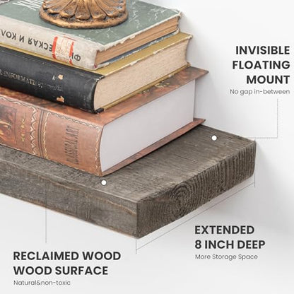 72 inch Floating Shelves for Wall, 8" Deep Rustic Reclaimed Barnwood Shelves, Floating Shelf Wall Hanging Shelves with Invisible Heavy-Duty Metal Bracket | Wall Mounted | Farmhouse Style, 1PC,Grey - color: Distressed Grey, size: 72inches-1P