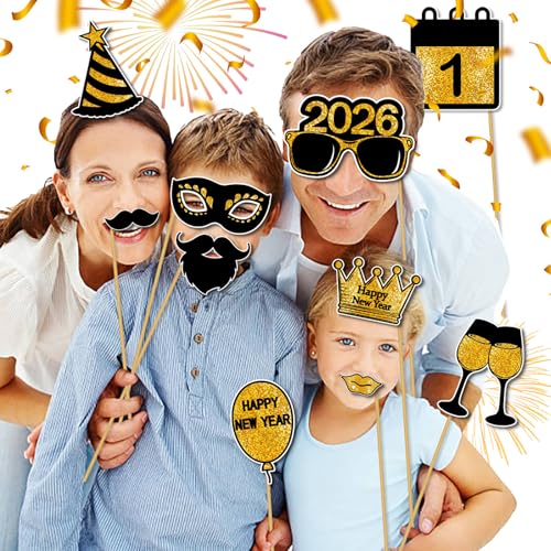 25 Pcs Happy New Year Photo Booth Props 2026 Eve Party Supplies Holiday Celebrations Black Gold Funny Table Decorations Accessories