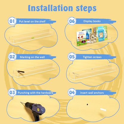 NIUBEE 24-Inch Acrylic Kids Floating Bookshelves, 2-Pack, Wall Mounted Clear Shelves for Kids' Growing Book Collections in Nurseries/Bedroom/Playrooms - size: 24''(2packs)