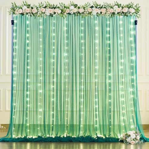 Hunter Green Tulle Backdrop Curtains with Lights String for Parites 10x10ft Sheer Backdrop Curtains Drapes for Birthday Party Bridal Shower Baby Shower Photo Booth Background Decorations - color: Hunter Green, size: 10 ft X 10 ft(2 Panels 5ft X 10ft)