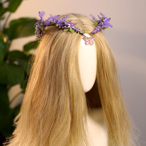 MOSTORY Handmade Fairy Butterfly Crown - Elf Flower Hadpiece Elven Headband for Women s Spring Wedding Maternity Shoot - color: Purple
