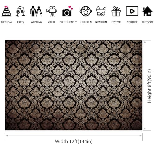 12x8ft European Classic Textured Backdrop Black and Gold Victorian Damask Photography Background Birthday Party Baby Shower Bedroom Decorations Banner Kids Adults Portrait Supplies - size: 12x8ft
