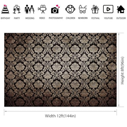 12x8ft European Classic Textured Backdrop Black and Gold Victorian Damask Photography Background Birthday Party Baby Shower Bedroom Decorations Banner Kids Adults Portrait Supplies - size: 12x8ft